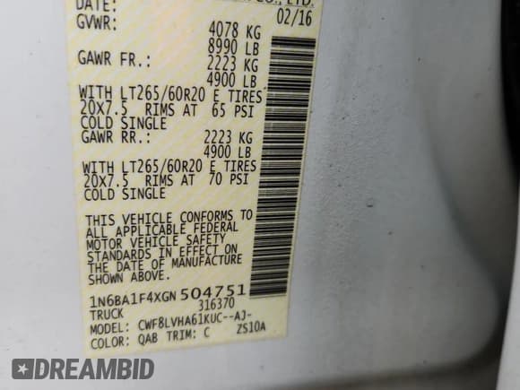 ✅ 2016 Nissan Titan Platinum Reserve • VIN: 1N6BA1F4XGN504751 • Lot: 90842885. Listed on Copart with 143,772 mi. Free auction sales archive from the USA and detailed vehicle history report at DreamBid. Image 12.