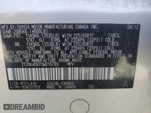 ✅ 2012 Toyota RAV4 Limited • VIN: 2T3YK4DV7CW016769 • Lot: 81752445. Listed on Copart with 215,422 mi. Free auction sales archive from the USA and detailed vehicle history report at DreamBid. Image 13.