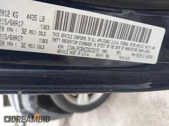 ✅ 2012 Jeep Patriot Limited • VIN: 1C4NJPCBXCD623275 • Lot: 42327596. Listed on IAAI with 59,495 mi. Free auction sales archive from the USA and detailed vehicle history report at DreamBid. Image 9.