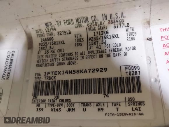 ✅ 1995 Ford F-150 • VIN: 1FTEX14N5SKA72929 • Lot: 43503066. Listed on IAAI with 182,746 mi. Free auction sales archive from the USA and detailed vehicle history report at DreamBid. Image 9.