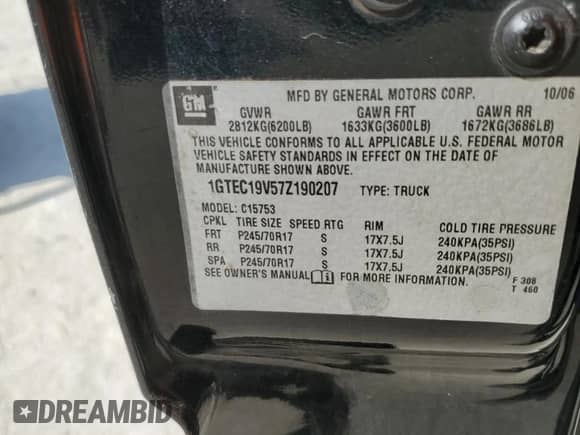 2007 GMC Sierra 1500 SLE1 with VIN 1GTEC19V57Z190207, listed as a Copart auction lot 57803505 with 216,798 mi miles and Salvage title. Bid and sale history available at DreamBid. Image 13.