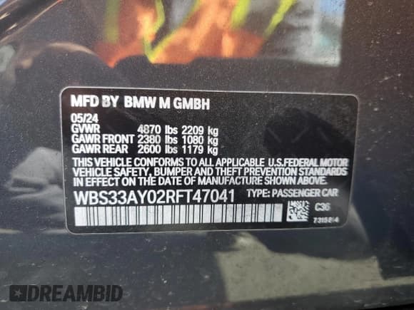 ✅ 2024 BMW M3 Competition • VIN: WBS33AY02RFT47041 • Лот: 51376105. Опубликован ранее на Copart с пробегом 6 572 миль. Бесплатный доступ к архиву аукционных продаж из США и подробный отчёт об истории автомобиля на DreamBid. Изображение 14.