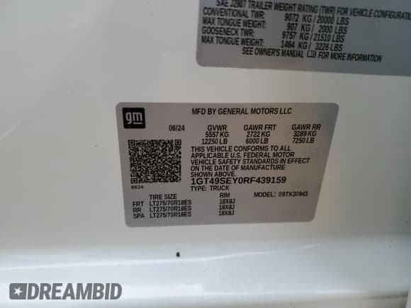 ✅ 2024 GMC Sierra 3500HD Pro • VIN: 1GT49SEY0RF439159 • Lot: 75789344. Wystawiony na Copart z przebiegiem 6 128 mil. Bezpłatny archiwum sprzedaży aukcyjnych z USA i szczegółowy raport historii pojazdu na DreamBid. Zdjęcie 12.