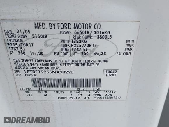 ✅ 2005 Ford F-150 XL • VIN: 1FTRF12255NA98298 • Лот: 43628677. Опубликован ранее на IAAI с пробегом 129 745 миль. Бесплатный доступ к архиву аукционных продаж из США и подробный отчёт об истории автомобиля на DreamBid. Изображение 9.