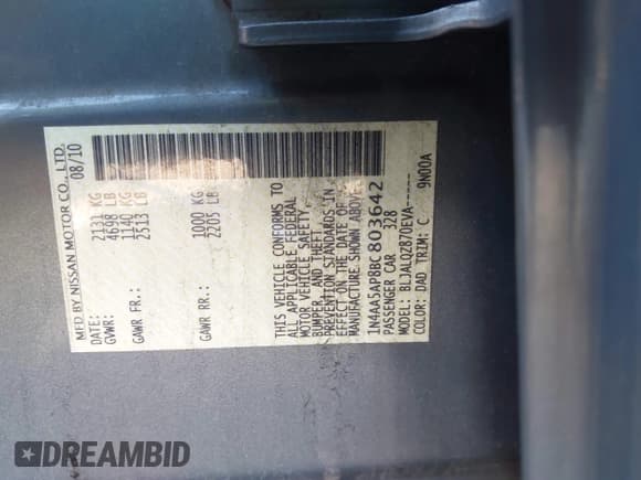 ✅ 2011 Nissan Maxima SV • VIN: 1N4AA5AP8BC803642 • Lot: 43387884. Listed on IAAI with 205,444 mi. Free auction sales archive from the USA and detailed vehicle history report at DreamBid. Image 9.