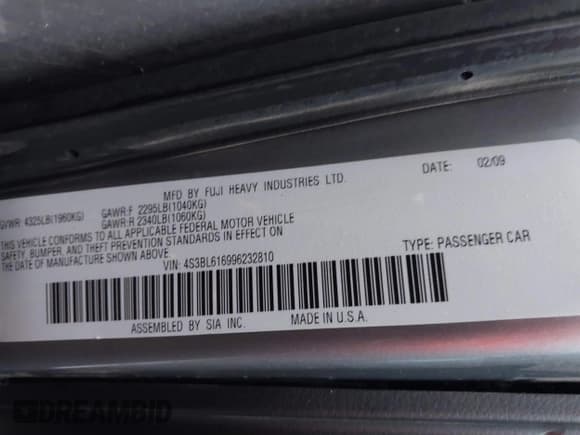 ✅ 2009 Subaru Legacy Special • VIN: 4S3BL616996232810 • Lot: 43872432. Listed on IAAI with 159,695 mi. Free auction sales archive from the USA and detailed vehicle history report at DreamBid. Image 9.