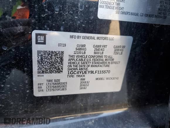 2020 Chevrolet Silverado 3500HD LTZ с VIN 1GC4YUEY9LF115570, выставлен на аукционе Copart как лот 77687084 с пробегом Не указан миль и Списание • Salvage title. История ставок и продаж доступна на DreamBid. Изображение 12.