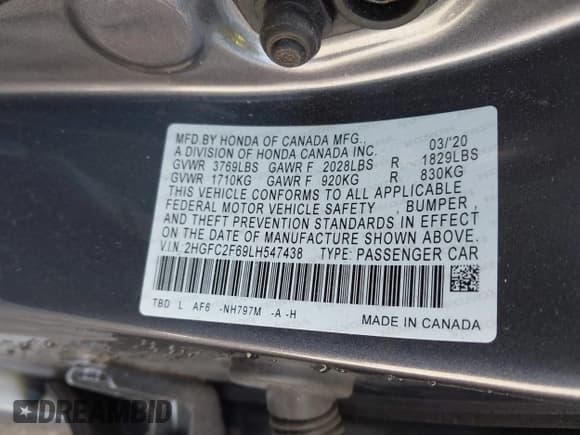 ✅ 2020 Honda Civic LX • VIN: 2HGFC2F69LH547438 • Lot: 43366423. Wystawiony na IAAI z przebiegiem 57 001 mil. Bezpłatny archiwum sprzedaży aukcyjnych z USA i szczegółowy raport historii pojazdu na DreamBid. Zdjęcie 9.