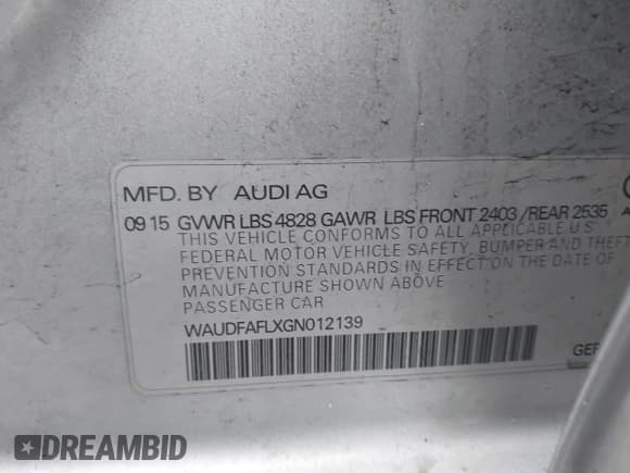 ✅ 2016 Audi A4 Premium • VIN: WAUDFAFLXGN012139 • Lot: 42446049. Listed on IAAI with 83,059 mi. Free auction sales archive from the USA and detailed vehicle history report at DreamBid. Image 9.