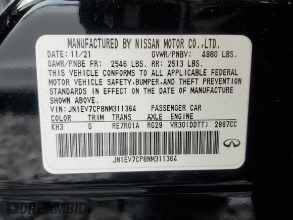 ✅ 2022 Infiniti Q50 Sensory • VIN: JN1EV7CP8NM311364 • Lot: 58892255. Listed on Copart with 29,323 mi. Free auction sales archive from the USA and detailed vehicle history report at DreamBid. Image 13.