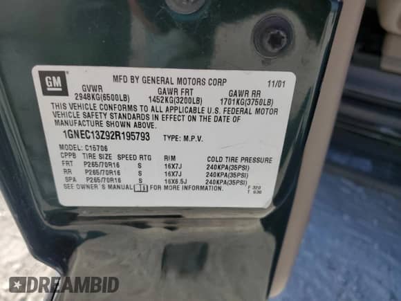 2002 Chevrolet Tahoe LS с VIN 1GNEC13Z92R195793, выставлен на аукционе Copart как лот 86814955 с пробегом 219 576 миль миль и Списание • Salvage title. История ставок и продаж доступна на DreamBid. Изображение 13.