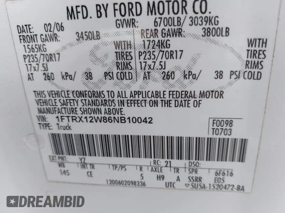 ✅ 2006 Ford F-150 STX • VIN: 1FTRX12W86NB10042 • Lot: 42953712. Listed on IAAI with 248,350 mi. Free auction sales archive from the USA and detailed vehicle history report at DreamBid. Image 9.