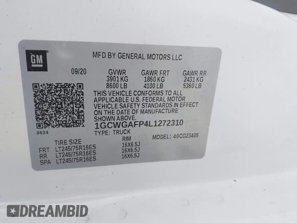 ✅ 2020 Chevrolet Express Cargo • VIN: 1GCWGAFP4L1272310 • Lot: 43807753. Listed on IAAI with 107,016 mi. Free auction sales archive from the USA and detailed vehicle history report at DreamBid. Image 9.