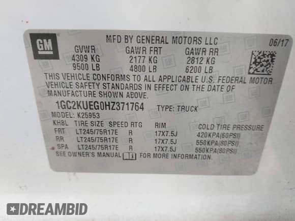 2017 Chevrolet Silverado 2500HD Work Truck z VIN 1GC2KUEG0HZ371764, wystawiony jako IAAI lot #43099863 z przebiegiem 137 667 mil mil oraz . Historia ofert i sprzedaży dostępna na DreamBid. Obrazek 9.