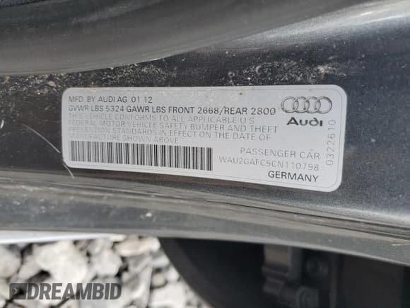 ✅ 2012 Audi A7 Prestige • VIN: WAU2GAFC5CN110798 • Lot: 93220695. Listed on Copart with 150,664 mi. Free auction sales archive from the USA and detailed vehicle history report at DreamBid. Image 12.