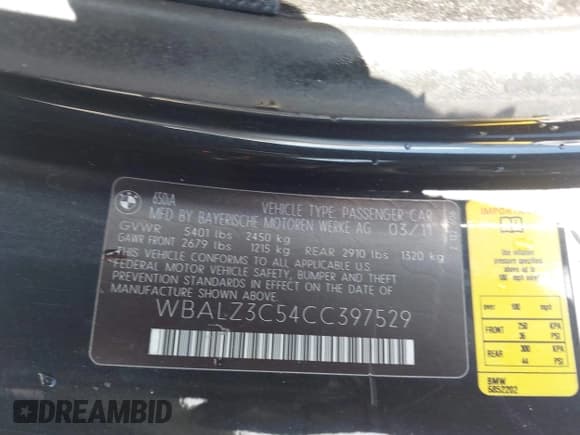 ✅ 2012 BMW 6 Series 650i • VIN: WBALZ3C54CC397529 • Lot: 42740147. Listed on IAAI with 92,619 mi. Free auction sales archive from the USA and detailed vehicle history report at DreamBid. Image 9.