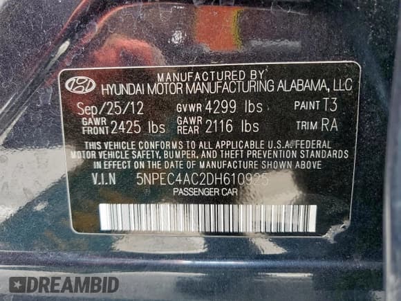 ✅ 2013 Hyundai Sonata SE • VIN: 5NPEC4AC2DH610925 • Lot: 57111395. Listed on Copart with 139,065 mi. Free auction sales archive from the USA and detailed vehicle history report at DreamBid. Image 12.