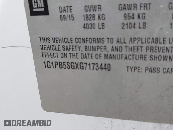 ✅ 2016 Chevrolet Cruze LS • VIN: 1G1PB5SGXG7173440 • Lot: 42995735. Listed on IAAI with 122,550 mi. Free auction sales archive from the USA and detailed vehicle history report at DreamBid. Image 9.