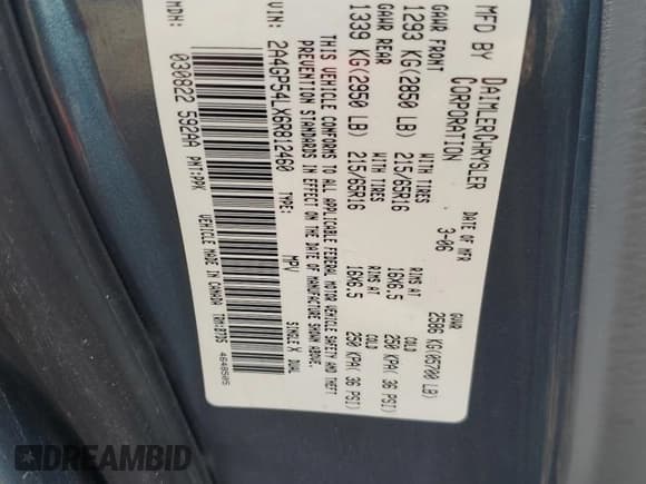 ✅ 2006 Chrysler Town & Country Touring • VIN: 2A4GP54LX6R812460 • Лот: 90996705. Опубликован ранее на Copart с пробегом 101 348 миль. Бесплатный доступ к архиву аукционных продаж из США и подробный отчёт об истории автомобиля на DreamBid. Изображение 12.