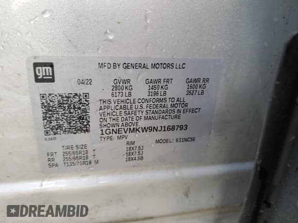 ✅ 2022 Chevrolet Traverse LT Cloth • VIN: 1GNEVMKW9NJ168793 • Лот: 74868013. Опубликован ранее на Copart с пробегом Не указан. Бесплатный доступ к архиву аукционных продаж из США и подробный отчёт об истории автомобиля на DreamBid. Изображение 14.