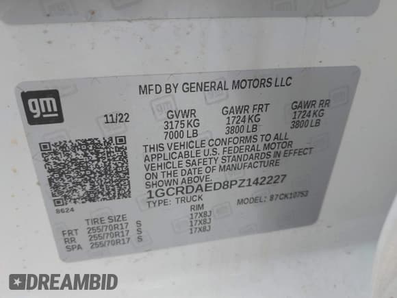 ✅ 2023 Chevrolet Silverado 1500 Work Truck • VIN: 1GCRDAED8PZ142227 • Lot: 43235296. Wystawiony na IAAI z przebiegiem 20 029 mil. Bezpłatny archiwum sprzedaży aukcyjnych z USA i szczegółowy raport historii pojazdu na DreamBid. Zdjęcie 9.