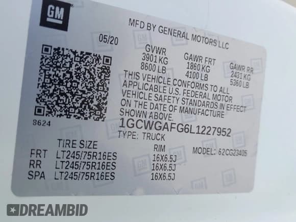 ✅ 2020 Chevrolet Express Cargo • VIN: 1GCWGAFG6L1227952 • Lot: 42553407. Listed on IAAI with 119,632 mi. Free auction sales archive from the USA and detailed vehicle history report at DreamBid. Image 9.