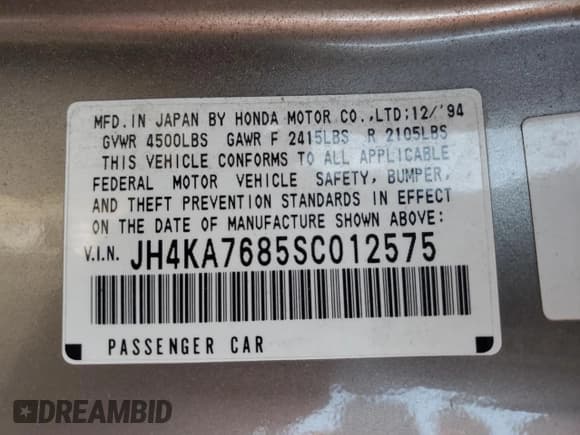 ✅ 1995 Acura Legend GS • VIN: JH4KA7685SC012575 • Lot: 62334325. Wystawiony na Copart z przebiegiem 192 825 mil. Bezpłatny archiwum sprzedaży aukcyjnych z USA i szczegółowy raport historii pojazdu na DreamBid. Zdjęcie 12.