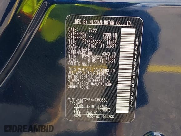 ✅ 2022 Nissan Armada SL • VIN: JN8AY2BAXN9393558 • Лот: 42729528. Опубликован ранее на IAAI с пробегом 67 907 миль. Бесплатный доступ к архиву аукционных продаж из США и подробный отчёт об истории автомобиля на DreamBid. Изображение 9.