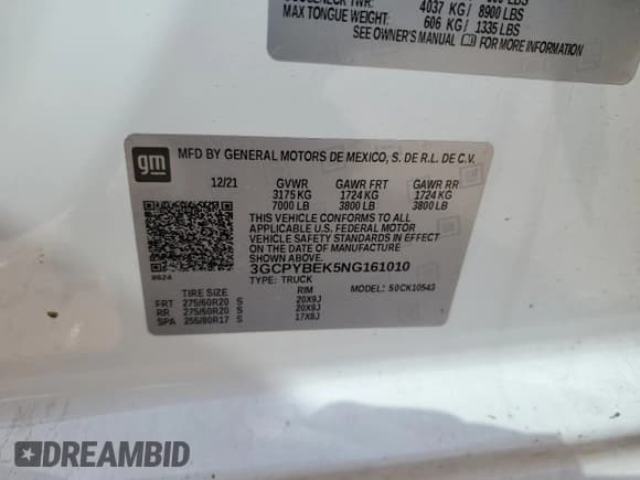 ✅ 2022 Chevrolet Silverado 1500 Custom • VIN: 3GCPYBEK5NG161010 • Lot: 48118315. Wystawiony na Copart z przebiegiem 37 968 mil. Bezpłatny archiwum sprzedaży aukcyjnych z USA i szczegółowy raport historii pojazdu na DreamBid. Zdjęcie 12.