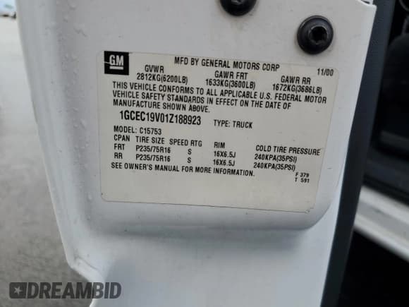 ✅ 2001 Chevrolet Silverado 1500 LS • VIN: 1GCEC19V01Z188923 • Lot: 92950685. Listed on Copart with 152,610 mi. Free auction sales archive from the USA and detailed vehicle history report at DreamBid. Image 12.