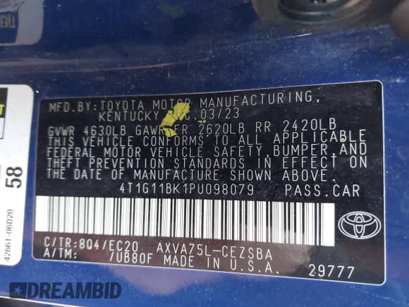 2023 Toyota Camry SE with VIN 4T1G11BK1PU098079, listed as a IAAI auction lot 41663463 with 38,070 mi miles and . Bid and sale history available at DreamBid. Image 9.