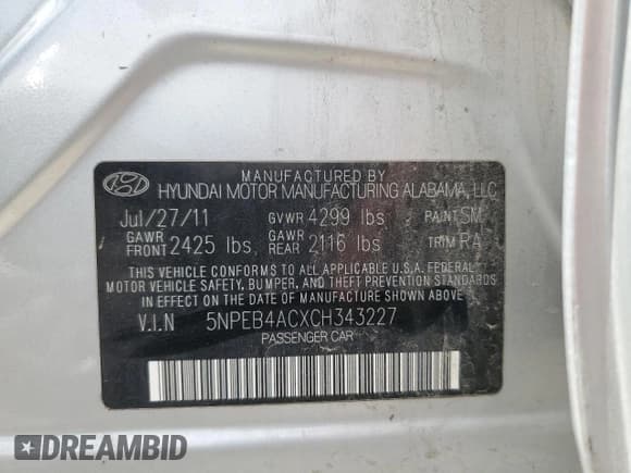 ✅ 2012 Hyundai Sonata GLS • VIN: 5NPEB4ACXCH343227 • Lot: 69706474. Listed on Copart with Not provided. Free auction sales archive from the USA and detailed vehicle history report at DreamBid. Image 13.