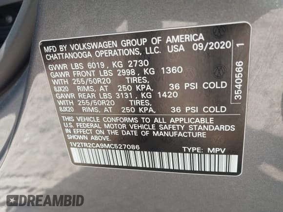 ✅ 2021 Volkswagen Atlas SEL Premium • VIN: 1V2TR2CA9MC527086 • Lot: 43239285. Listed on IAAI with 50,843 mi. Free auction sales archive from the USA and detailed vehicle history report at DreamBid. Image 9.