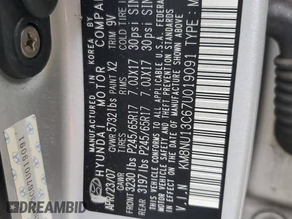 2007 Hyundai Veracruz GLS с VIN KM8NU13C67U019091, выставлен на аукционе Copart как лот 43911925 с пробегом 201 895 миль миль и Списание • Salvage title. История ставок и продаж доступна на DreamBid. Изображение 13.