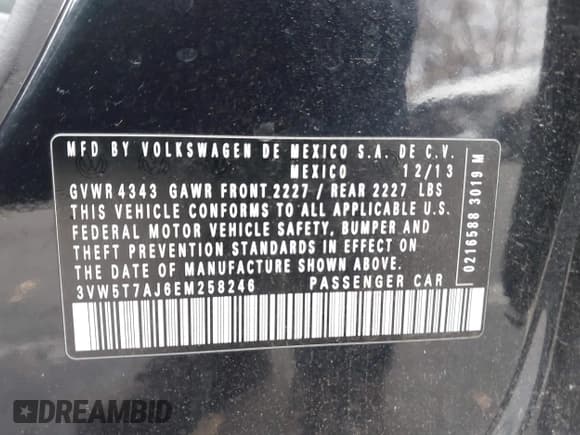 ✅ 2014 Volkswagen Jetta GLI • VIN: 3VW5T7AJ6EM258246 • Lot: 43543504. Listed on IAAI with 124,950 mi. Free auction sales archive from the USA and detailed vehicle history report at DreamBid. Image 9.