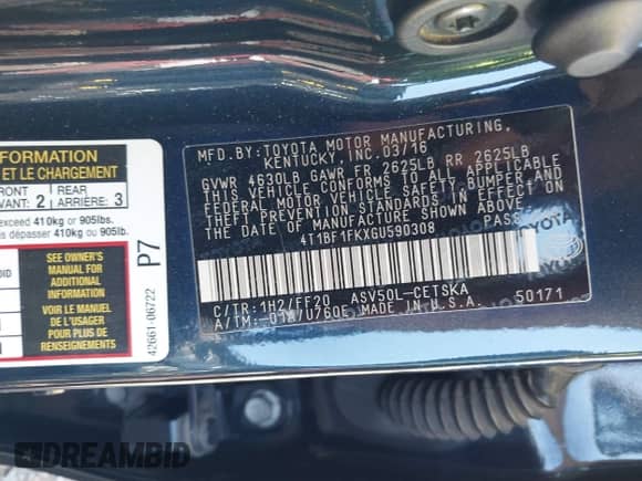 2016 Toyota Camry SE with VIN 4T1BF1FKXGU590308, listed as a IAAI auction lot 43253552 with 144,700 mi miles and . Bid and sale history available at DreamBid. Image 9.