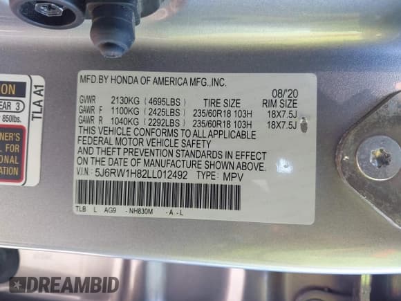 ✅ 2020 Honda CR-V EX-L • VIN: 5J6RW1H82LL012492 • Лот: 43571945. Опубликован ранее на IAAI с пробегом 51 823 миль. Бесплатный доступ к архиву аукционных продаж из США и подробный отчёт об истории автомобиля на DreamBid. Изображение 9.