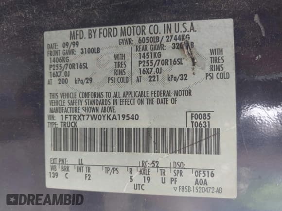 ✅ 2000 Ford F-150 XL • VIN: 1FTRX17W0YKA19540 • Lot: 42410329. Listed on IAAI with Not provided. Free auction sales archive from the USA and detailed vehicle history report at DreamBid. Image 9.