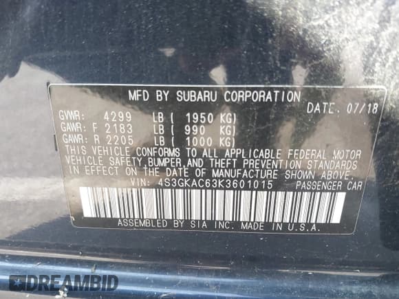 ✅ 2019 Subaru Impreza Premium • VIN: 4S3GKAC63K3601015 • Lot: 42534723. Listed on IAAI with 67,844 mi. Free auction sales archive from the USA and detailed vehicle history report at DreamBid. Image 9.