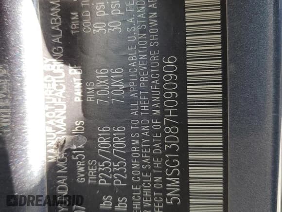 ✅ 2007 Hyundai Santa Fe GLS • VIN: 5NMSG13D87H090906 • Lot: 75706354. Listed on Copart with 37,502 mi. Free auction sales archive from the USA and detailed vehicle history report at DreamBid. Image 14.