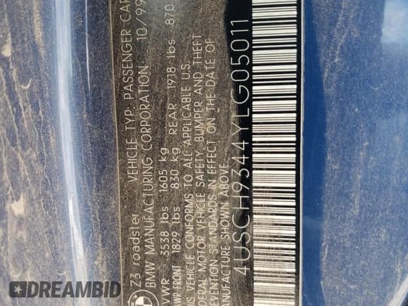 ✅ 2000 BMW Z3 2.5 • VIN: 4USCH9344YLG05011 • Lot: 73979264. Listed on Copart with 91,684 mi. Free auction sales archive from the USA and detailed vehicle history report at DreamBid. Image 12.