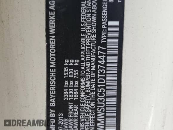 2013 MINI Hardtop с VIN WMWSU3C51DT374477, выставлен на аукционе Copart как лот 62654295 с пробегом 127 295 миль миль и Списание • Salvage title. История ставок и продаж доступна на DreamBid. Изображение 12.