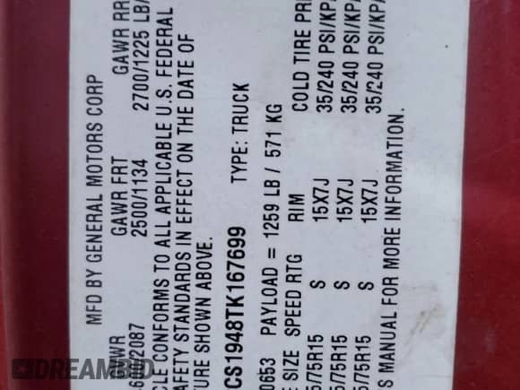 1996 Chevrolet S-10 LS with VIN 1GCCS1948TK167699, listed as a Copart auction lot 85314574 with 157,896 mi miles and Salvage title. Bid and sale history available at DreamBid. Image 12.