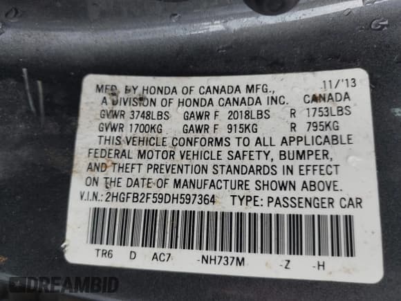 ✅ 2013 Honda Civic LX • VIN: 2HGFB2F59DH597364 • Lot: 43303119. Listed on IAAI with 205,849 mi. Free auction sales archive from the USA and detailed vehicle history report at DreamBid. Image 9.