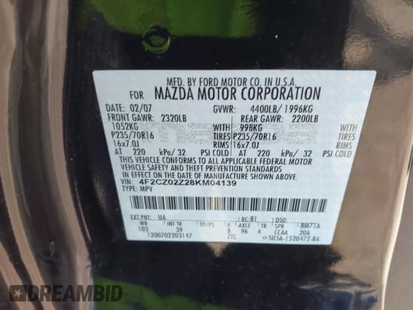 ✅ 2008 Mazda Tribute Sport • VIN: 4F2CZ02Z28KM04139 • Lot: 41346215. Wystawiony na IAAI z przebiegiem 44 882 mil. Bezpłatny archiwum sprzedaży aukcyjnych z USA i szczegółowy raport historii pojazdu na DreamBid. Zdjęcie 9.