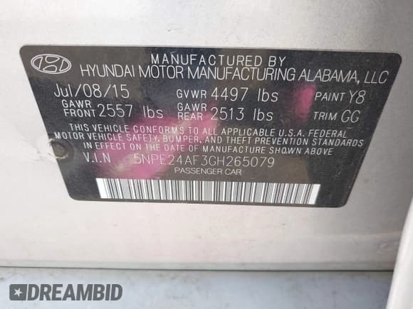 ✅ 2016 Hyundai Sonata SE • VIN: 5NPE24AF3GH265079 • Lot: 43597048. Listed on IAAI with 109,888 mi. Free auction sales archive from the USA and detailed vehicle history report at DreamBid. Image 9.