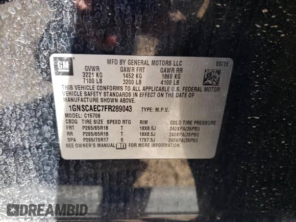 2015 Chevrolet Tahoe LS с VIN 1GNSCAEC7FR289043, выставлен на аукционе Copart как лот 85112035 с пробегом 144 085 миль миль и Списание • Salvage title. История ставок и продаж доступна на DreamBid. Изображение 13.