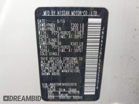 ✅ 2019 Nissan Armada Platinum • VIN: JN8AY2NF5K9353018 • Lot: 42221011. Listed on IAAI with Not provided. Free auction sales archive from the USA and detailed vehicle history report at DreamBid. Image 9.