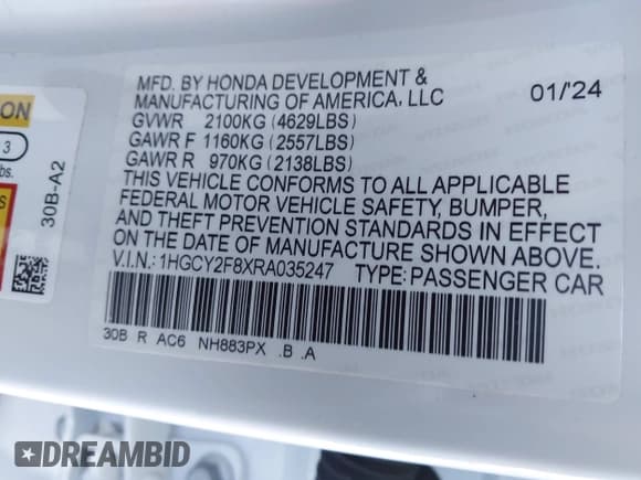 ✅ 2024 Honda Accord Touring • VIN: 1HGCY2F8XRA035247 • Lot: 43512272. Listed on IAAI with 44,294 mi. Free auction sales archive from the USA and detailed vehicle history report at DreamBid. Image 9.