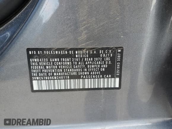 ✅ 2019 Volkswagen Jetta S • VIN: 3VWC57BU9KM240118 • Лот: 60512835. Опубликован ранее на Copart с пробегом 72 596 миль. Бесплатный доступ к архиву аукционных продаж из США и подробный отчёт об истории автомобиля на DreamBid. Изображение 12.